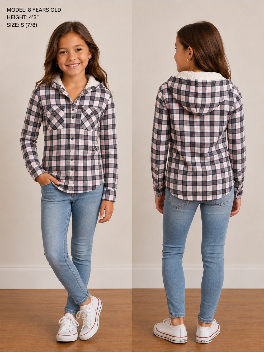 Boston Traders Hooded Sherpa-Lined Plaid Shirt Jacket - Pink/Dark Navy Blue